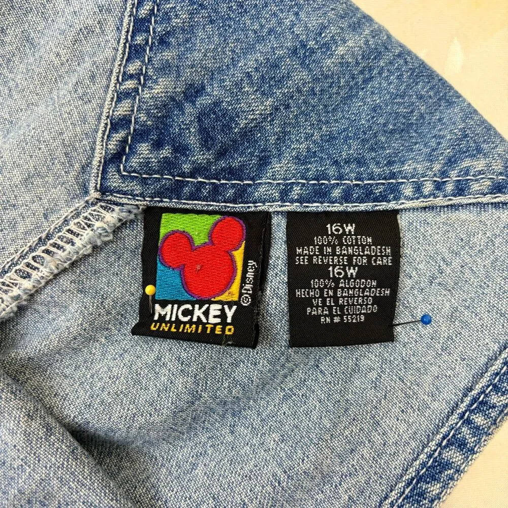 Disney Vintage Denim Overalls Mickey & Minnie Wide Leg Y2K Cottagecore 16W - Picture 7 of 7